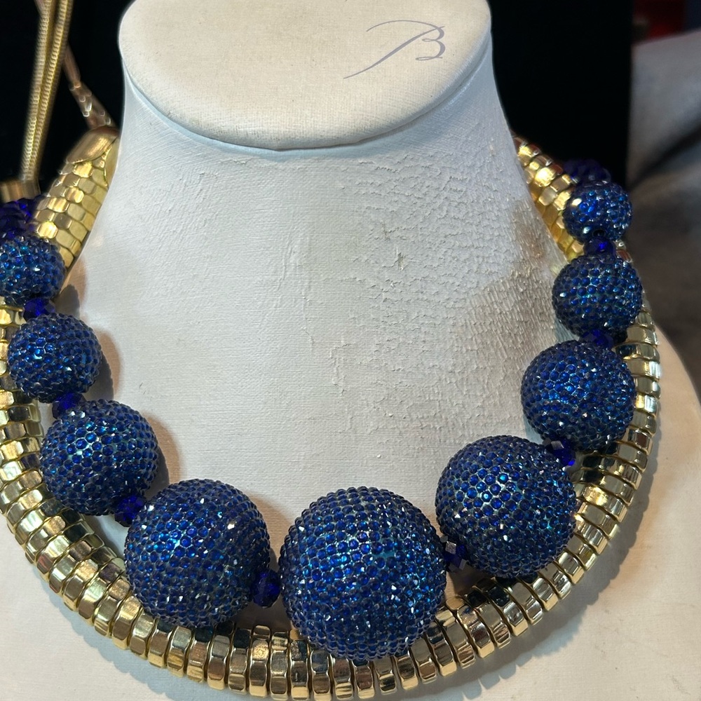#25 Lot Of Two Chunky Necklace One All Blue Beads One Is Gold Tone, Snake